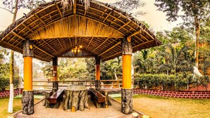 Um gazebo com telhado de palha, cercado por um muro de tijolos e vegetação exuberante.