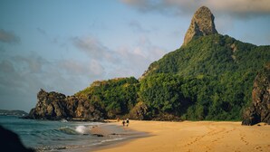 Ein Strand mit einer markanten Felsformation und üppigem Grün.