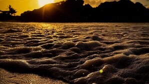 Cena de praia com ondas e um pôr do sol.