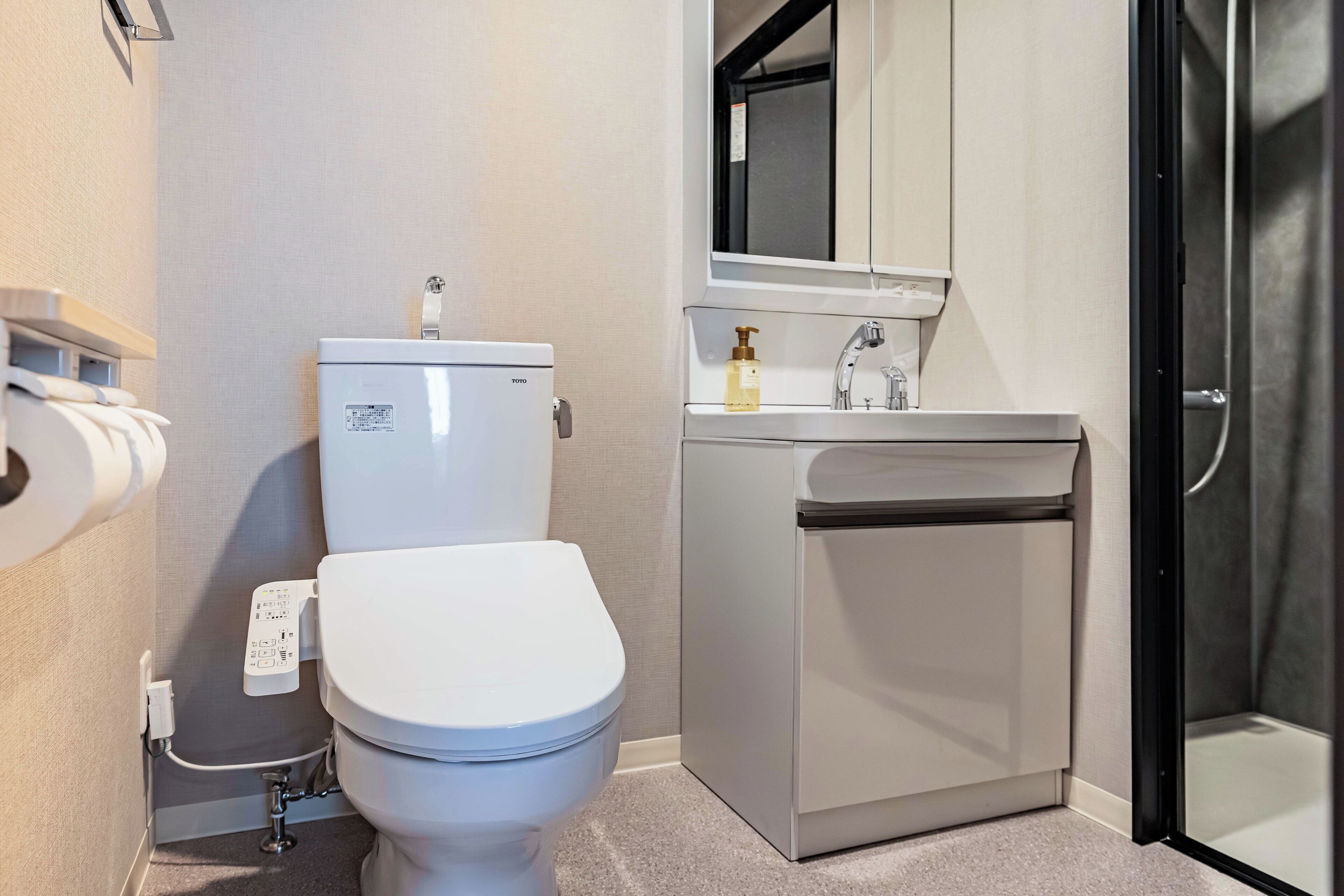 A modern bathroom with a toilet, a sink, a mirror, and a shower door.