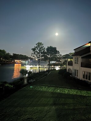 A nighttime view of a lakeside property with a house, a dock, and a tree.