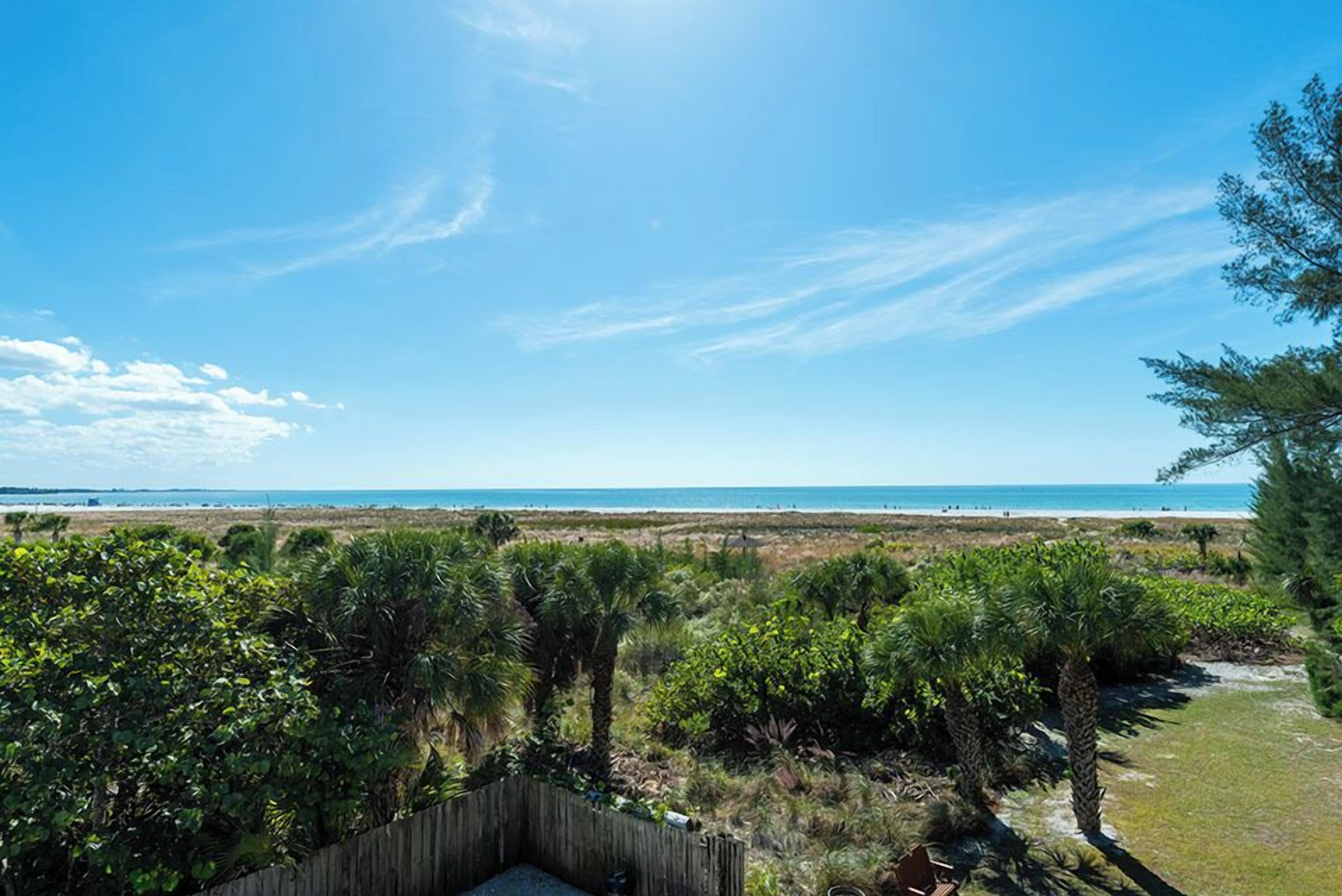 A beach view with a wooden fence, palm trees, and a clear sky.