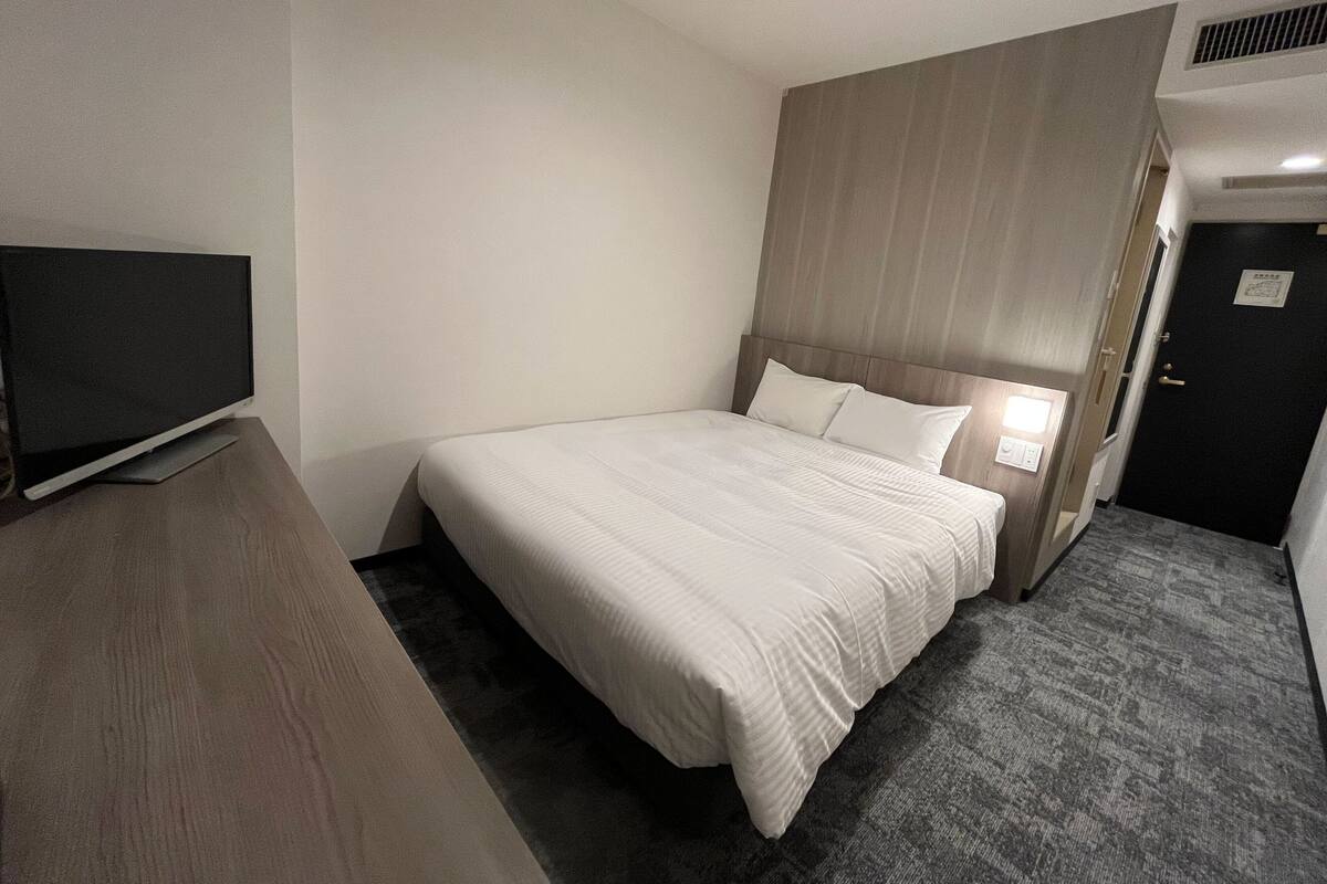 Une chambre d’hôtel avec un lit, un téléviseur posé sur un meuble, une porte et un luminaire fixé au mur.