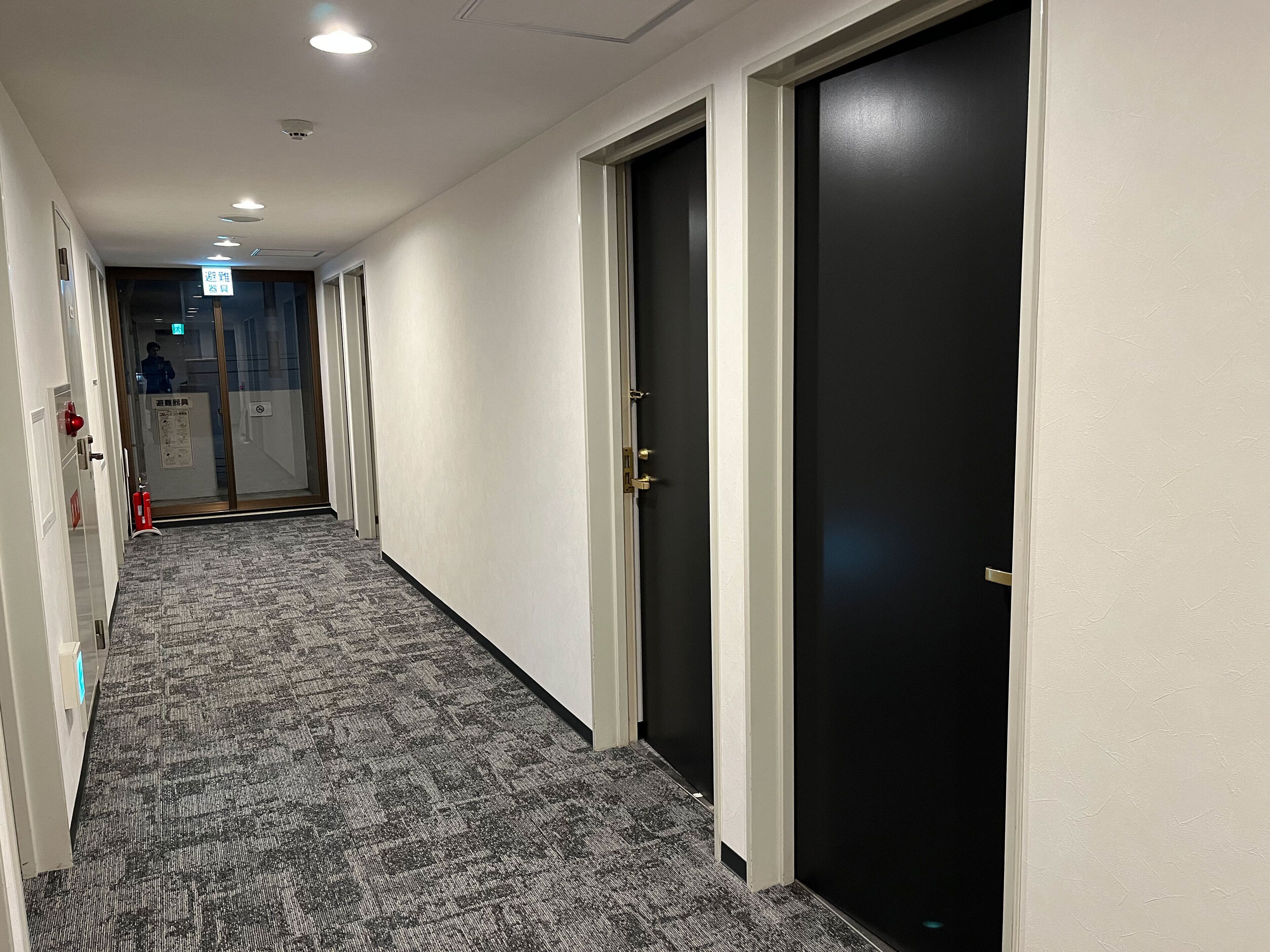 A hotel corridor with carpeted flooring, a fire extinguisher, and a door with a handle.