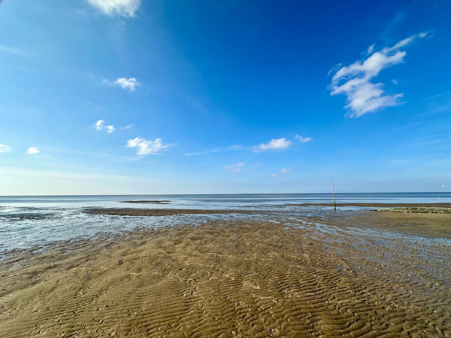 A beach with a clear sky and calm sea.
