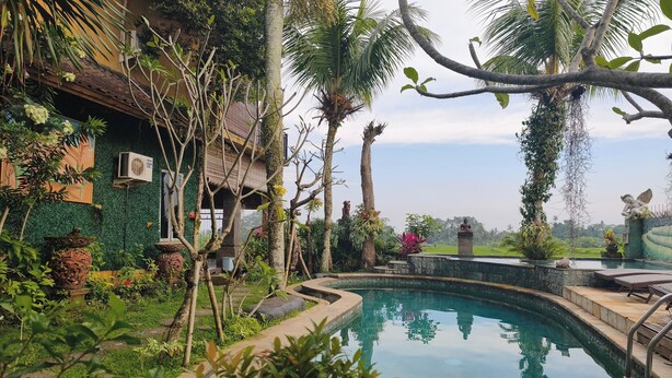 Una piscina rodeada de plantas tropicales y un sendero de piedra.
