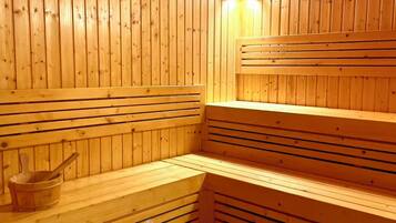 A sauna with wooden benches and a stone basin.