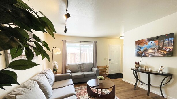 A living room with a grey sofa, a coffee table, a patterned rug, a painting, and a large plant.