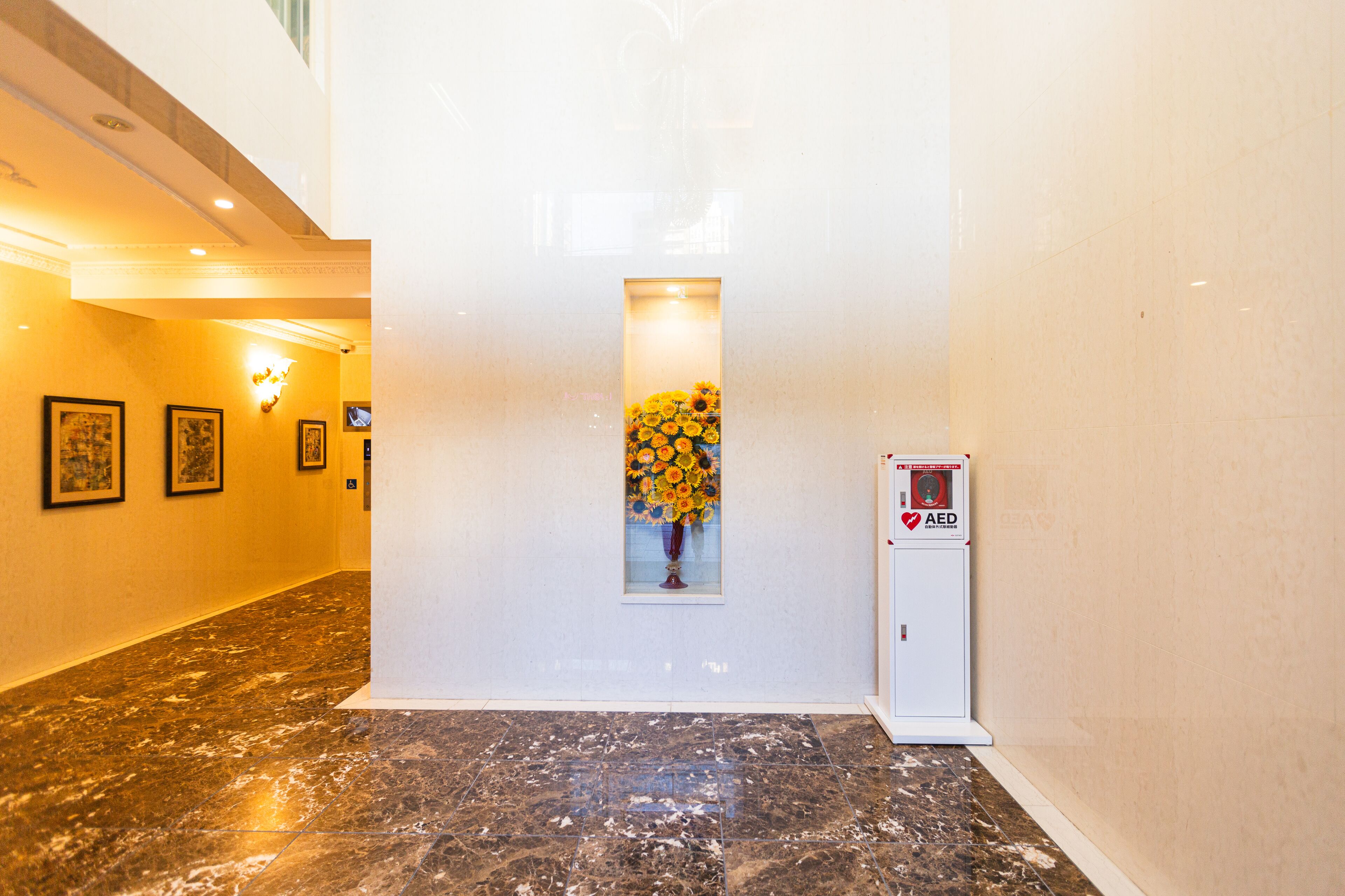 A hallway with a marble floor, framed artwork on the walls, a vase of flowers, and an AED emergency station.
