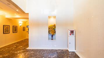 A hallway with a marble floor, framed artwork on the walls, a vase of flowers, and an AED emergency station.