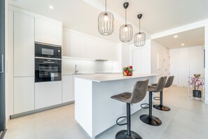 Fridge, microwave, oven, dishwasher