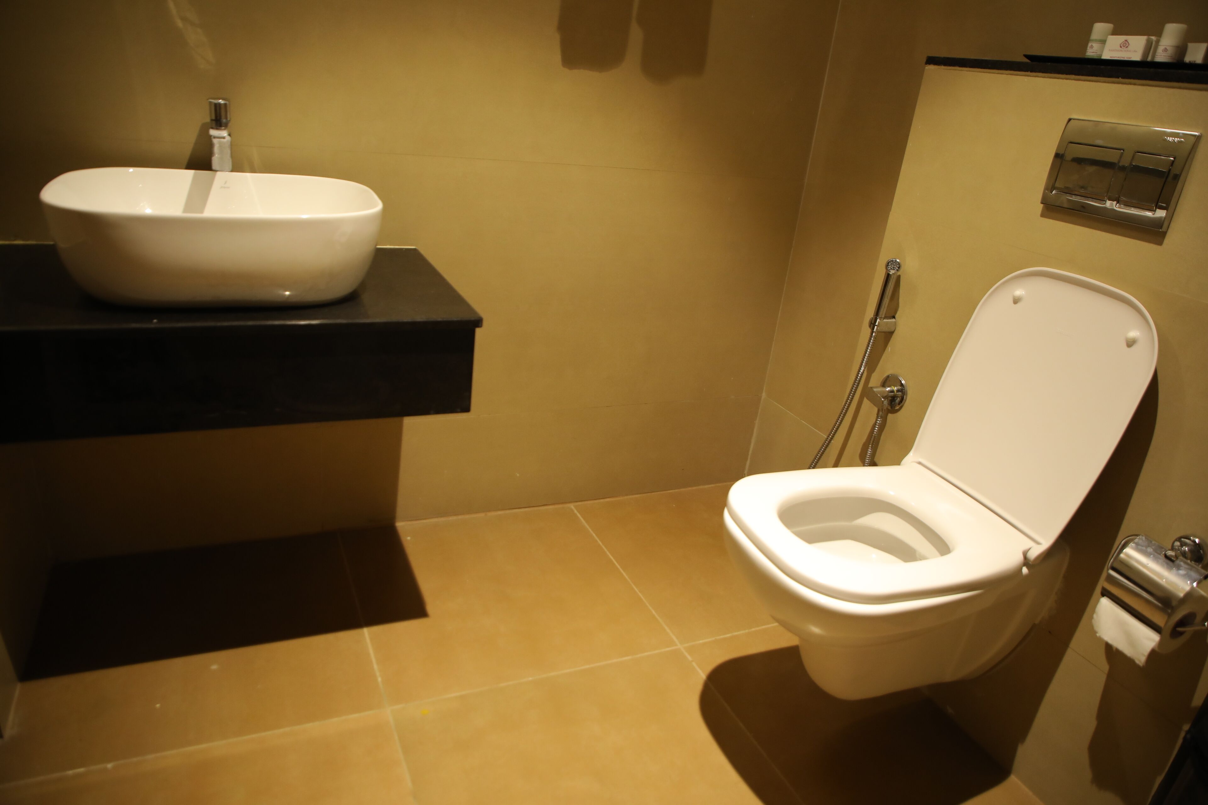 Une salle de bain avec un lavabo blanc, des toilettes et une douche.
