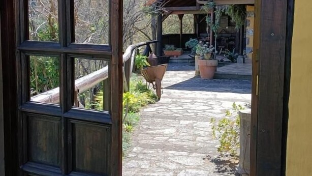 A stone pathway leading to a covered outdoor area with potted plants and a wheelbarrow. - Vivelorural El Caminante- Valleseco, private pool (Valleseco)