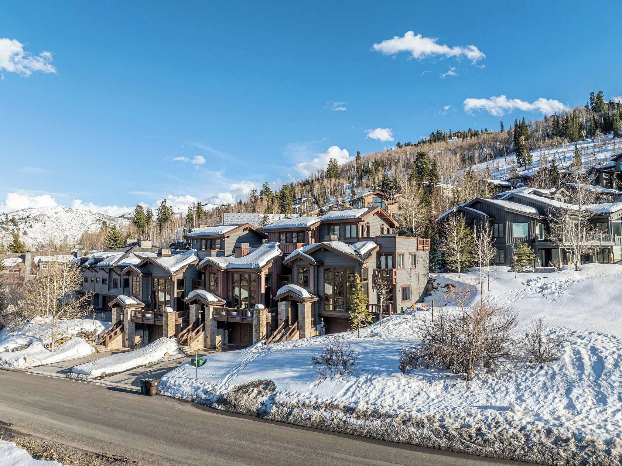 A cluster of multi-story buildings with a ski slope in the background.