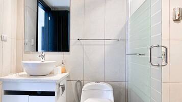 Hair dryer, towels, soap, toilet paper