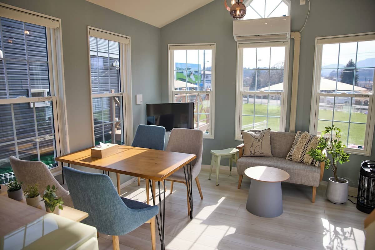 A modern living room with a wooden dining table, blue and grey chairs, a grey sofa, and a small round table.