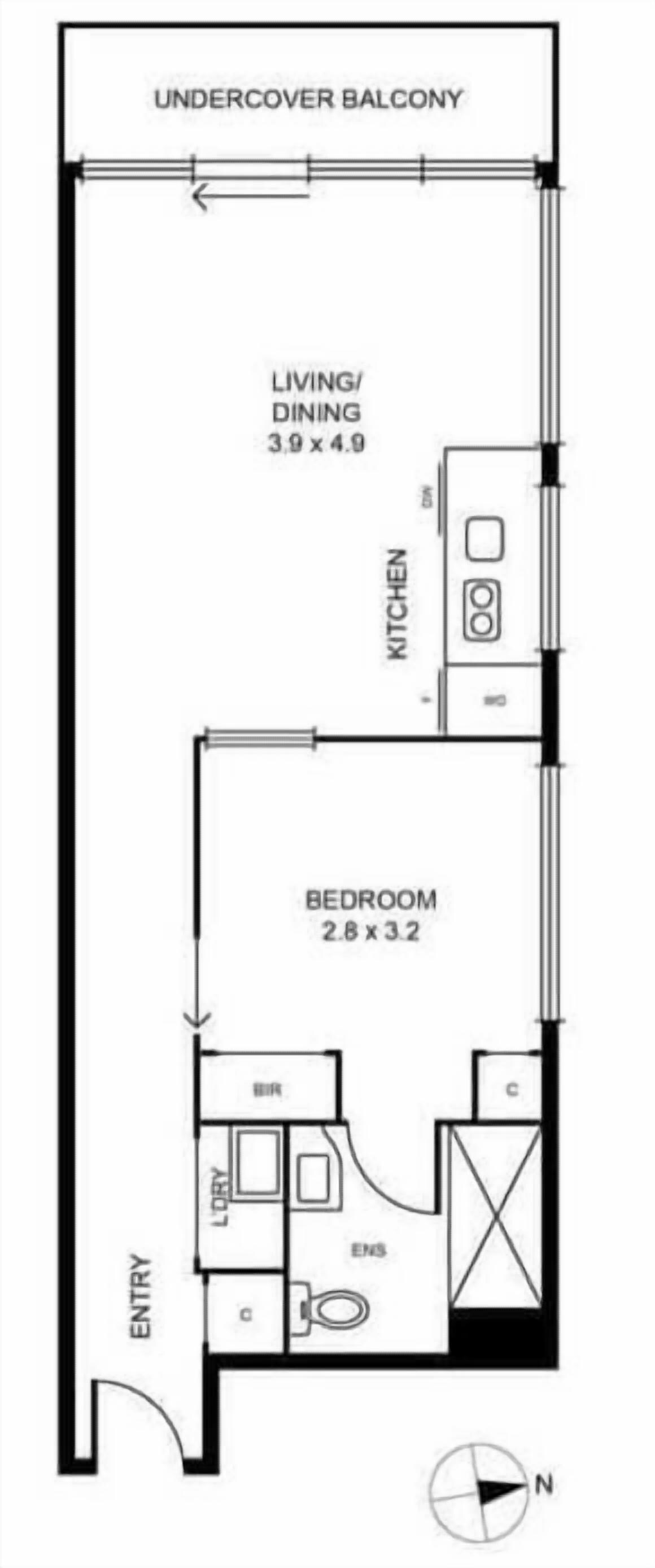 A floor plan with an undercover balcony, a living/dining area of 3.9 x 4.9, a kitchen, a bedroom of 2.8 x 3.2, and an entryway.