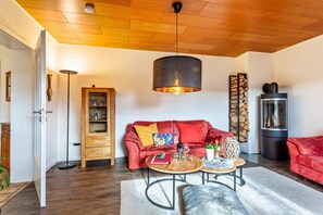 Una sala de estar moderna con un sofá rojo, piso de madera, una lámpara colgante y una chimenea.