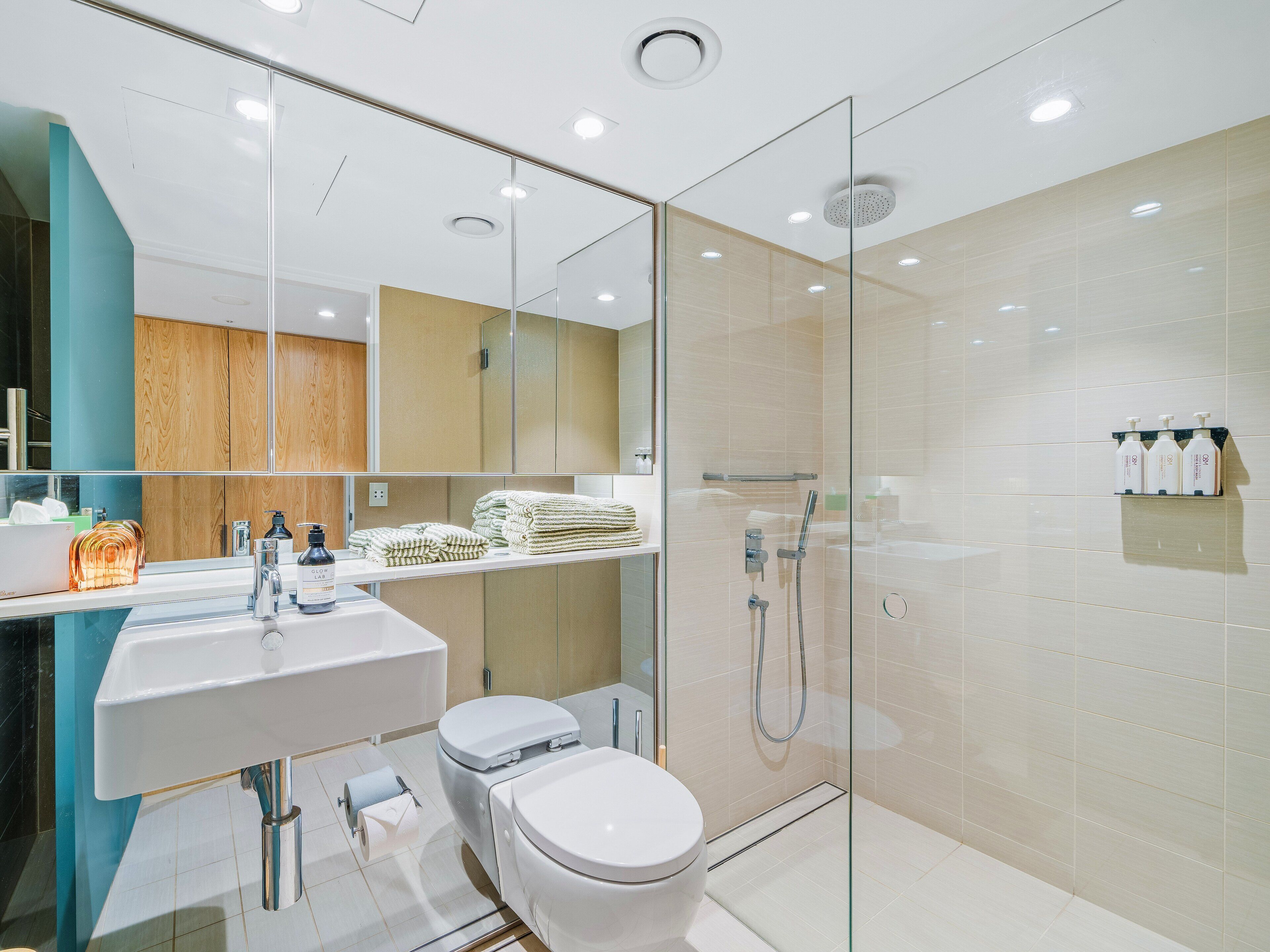 Appartement | Badkamer | Een haardroger, handdoeken, zeep, shampoo