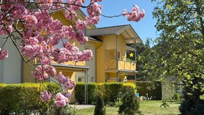 A yellow building with a balcony and a star decoration, surrounded by well-maintained greenery. - Apartment "Melosine" with Balcony (Koserow)