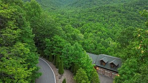 A house surrounded by dense forest with a curved driveway and a garage.