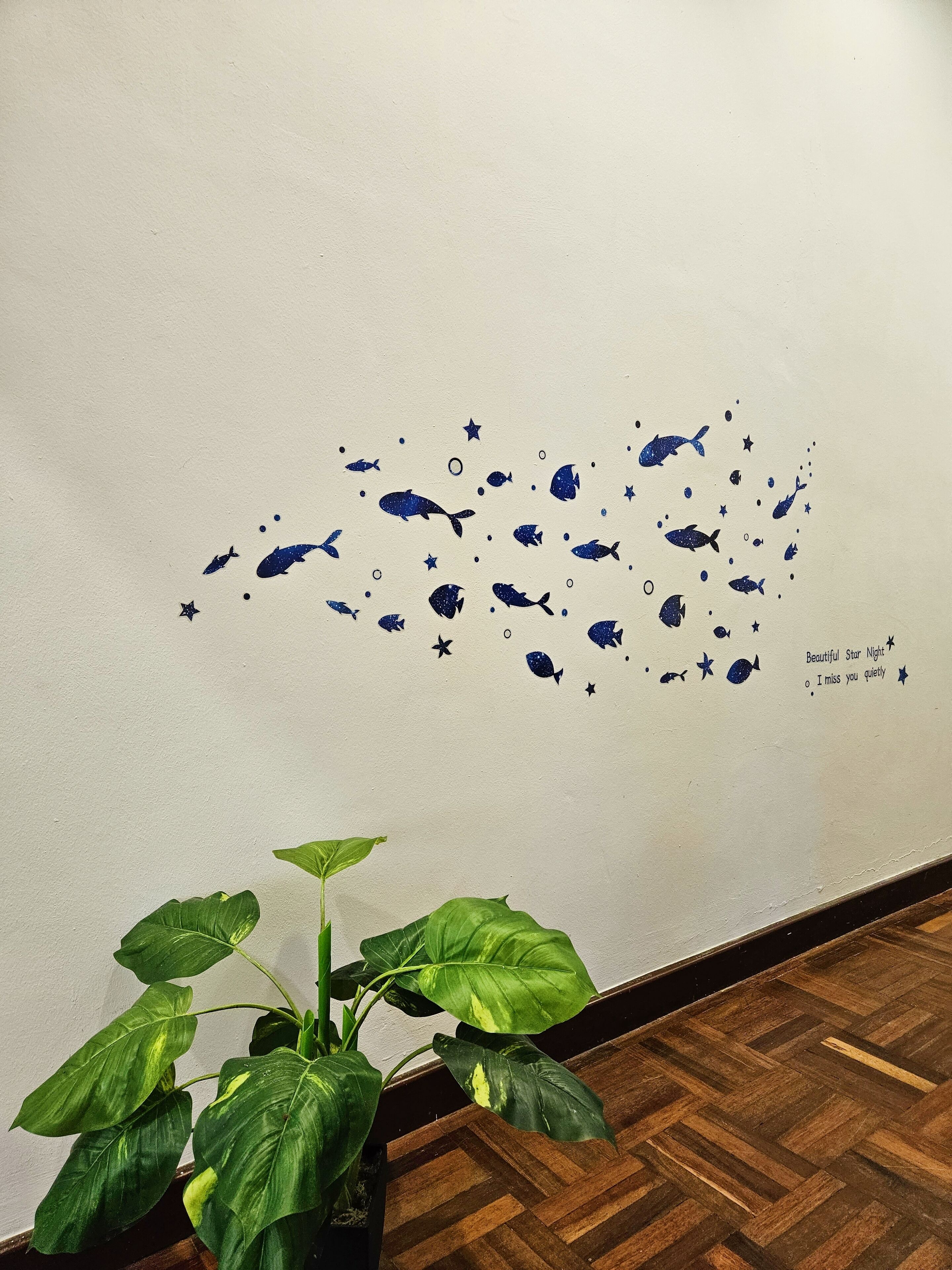 A wall with a starry night design and a potted plant.