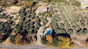 An aerial view of a property with a swimming pool, surrounded by trees and a hilly landscape.