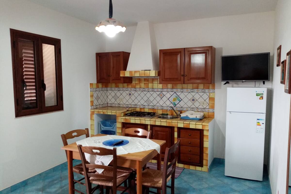 A compact kitchen with wooden cabinets, a gas stove, a sink, and a refrigerator. There is a dining table with chairs and a television mounted on the wall.