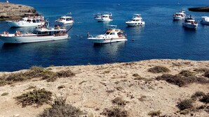 A coastal scene with multiple boats docked in a calm sea, surrounded by rocky terrain and sparse vegetation.