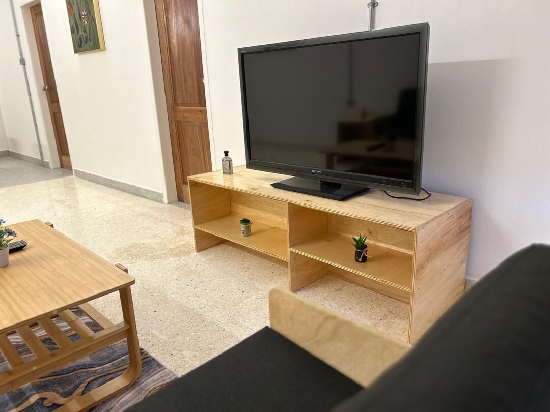 Una sala de estar con un mueble de televisión de madera, un televisor de pantalla plana y una mesita con una planta.