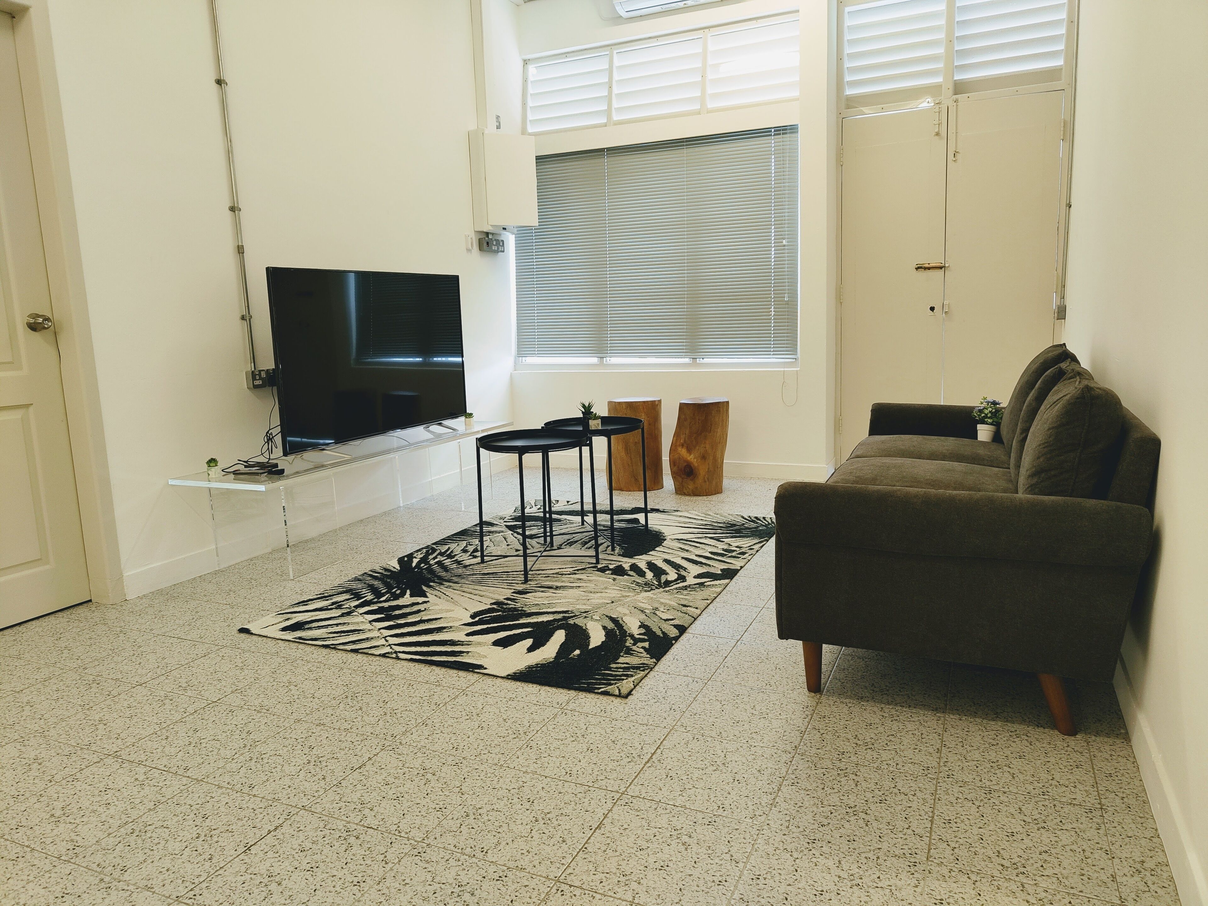 Una sala de estar con un televisor de pantalla plana, un sofá, una mesa de centro y una alfombra con estampado de cebra.