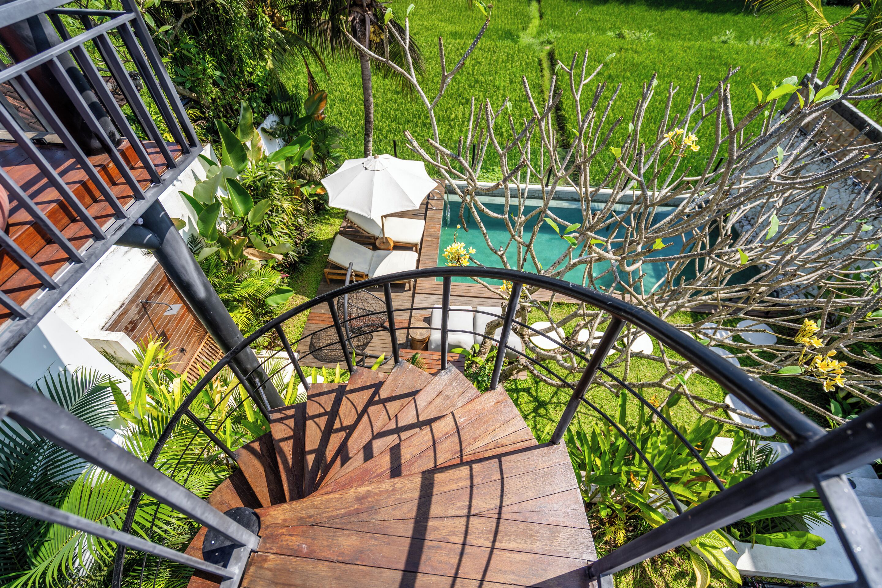 Eine Wendeltreppe führt zu einem Poolbereich, der von üppiger Vegetation und einem weißen Sonnenschirm umgeben ist.