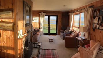 TV, fireplace, books, stereo