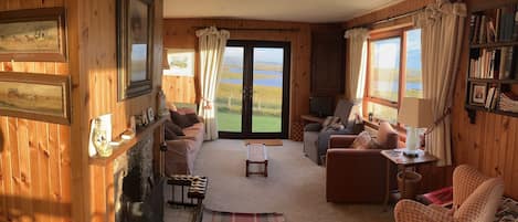 Televisión, chimenea, libros, estéreo