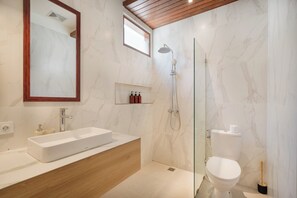 Une salle de bain moderne avec un grand lavabo blanc, un meuble-lavabo en bois, une douche à parois de verre et des toilettes.
