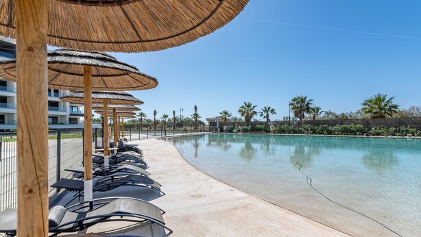 A poolside area with lounge chairs and thatched umbrellas, a clear blue sky, and palm trees in the background.