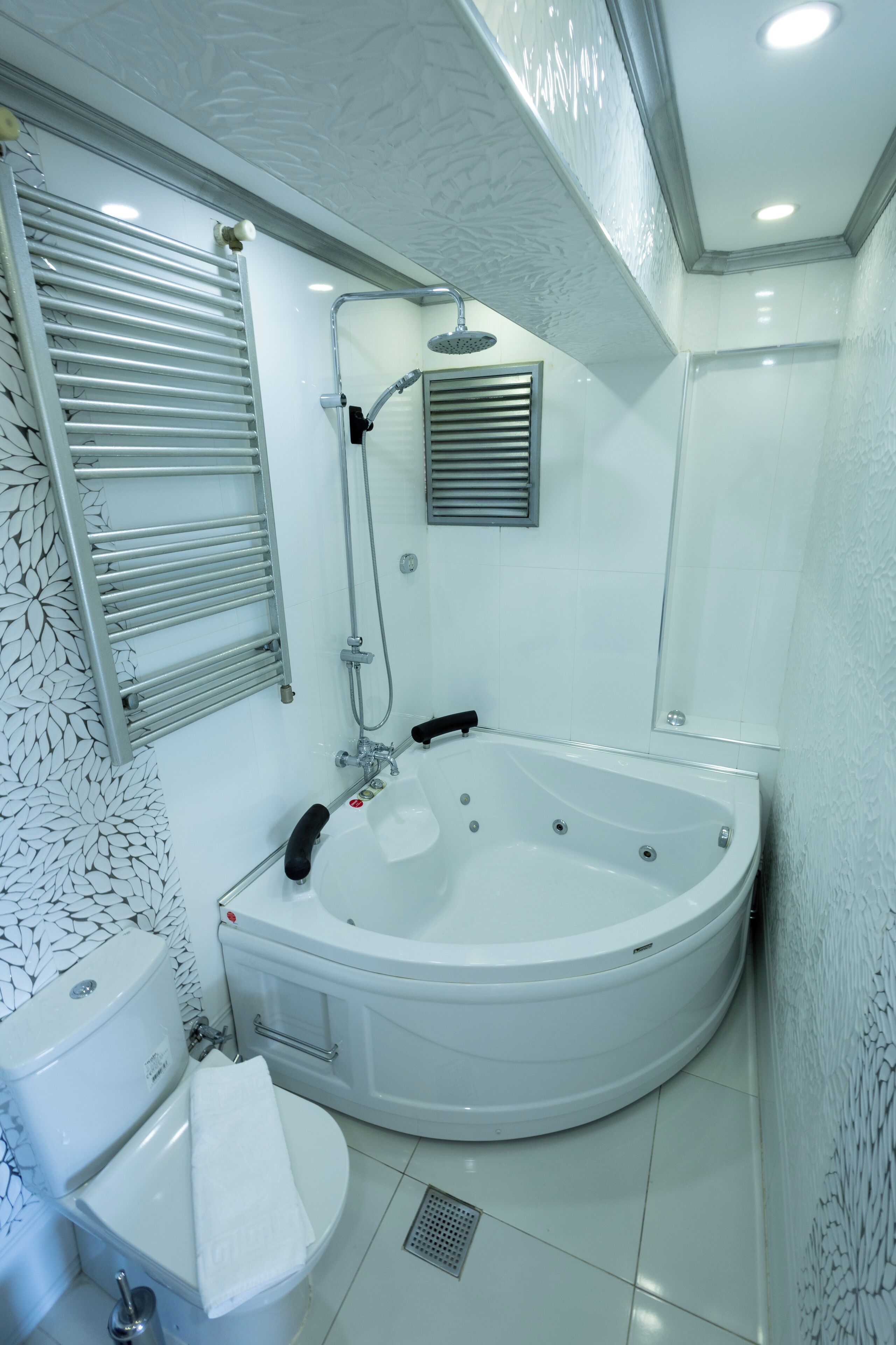 A modern bathroom with a freestanding bathtub, a toilet, and a shower area.