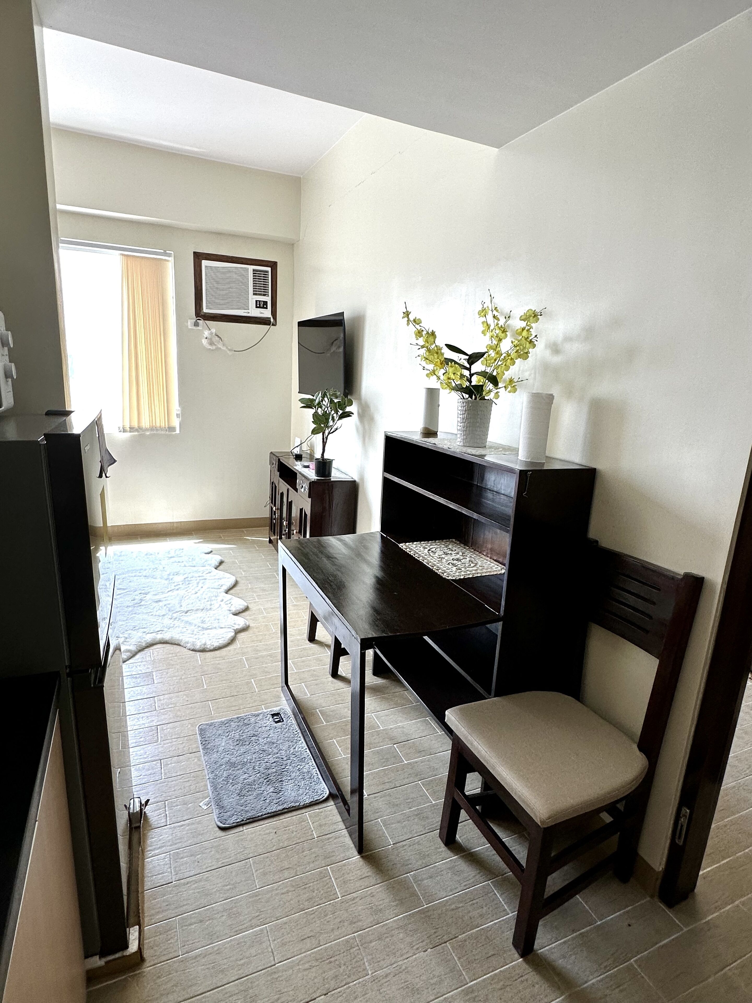 A compact living space with a dark wooden desk, a chair, a television, and a small potted plant.