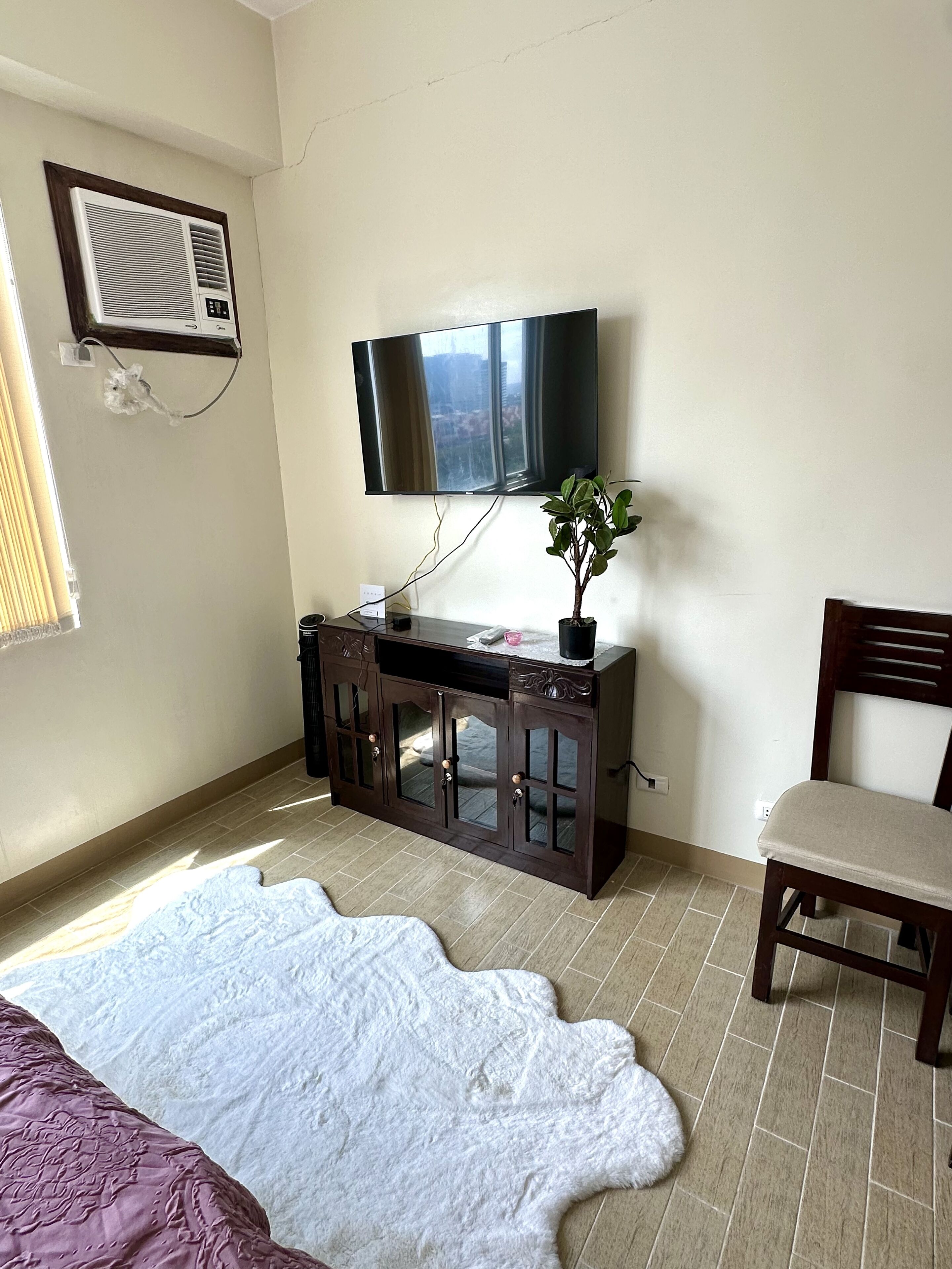 A room with a bed, a desk with a TV, a chair, and a plant.