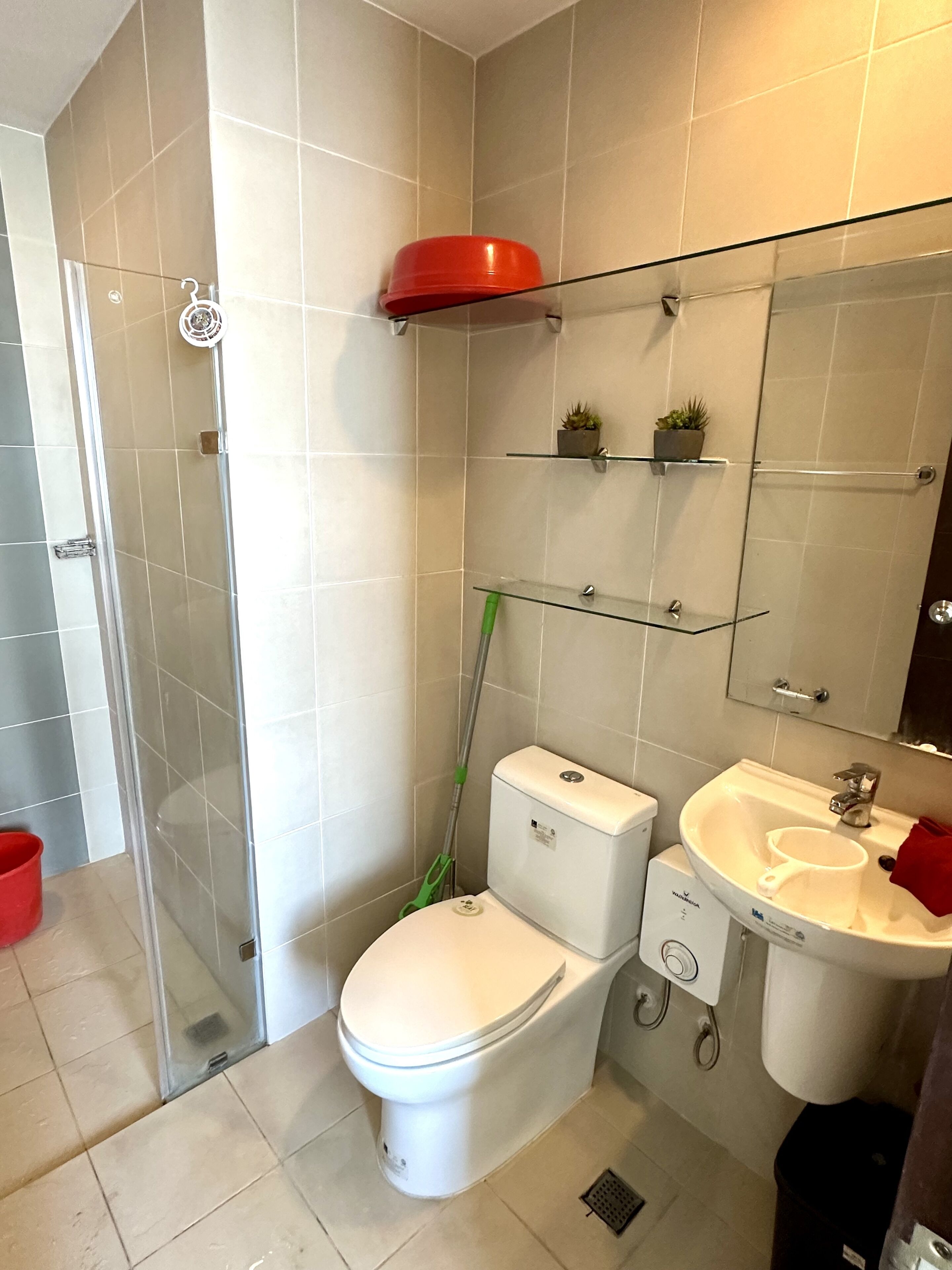 A bathroom with a toilet, sink, and shower. There are two shelves above the sink, one with a red object and the other with small plants.