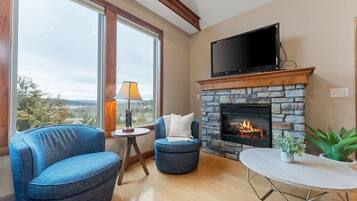 Een televisie, een open haard, videogames en een dvd-speler