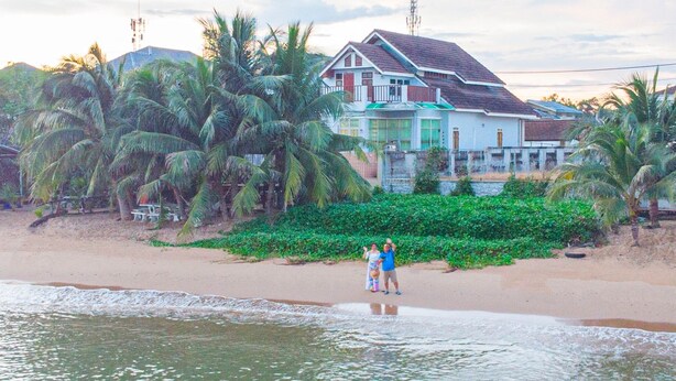 Une propriété située en bord de mer, comprenant une maison, des palmiers et une plage de sable.