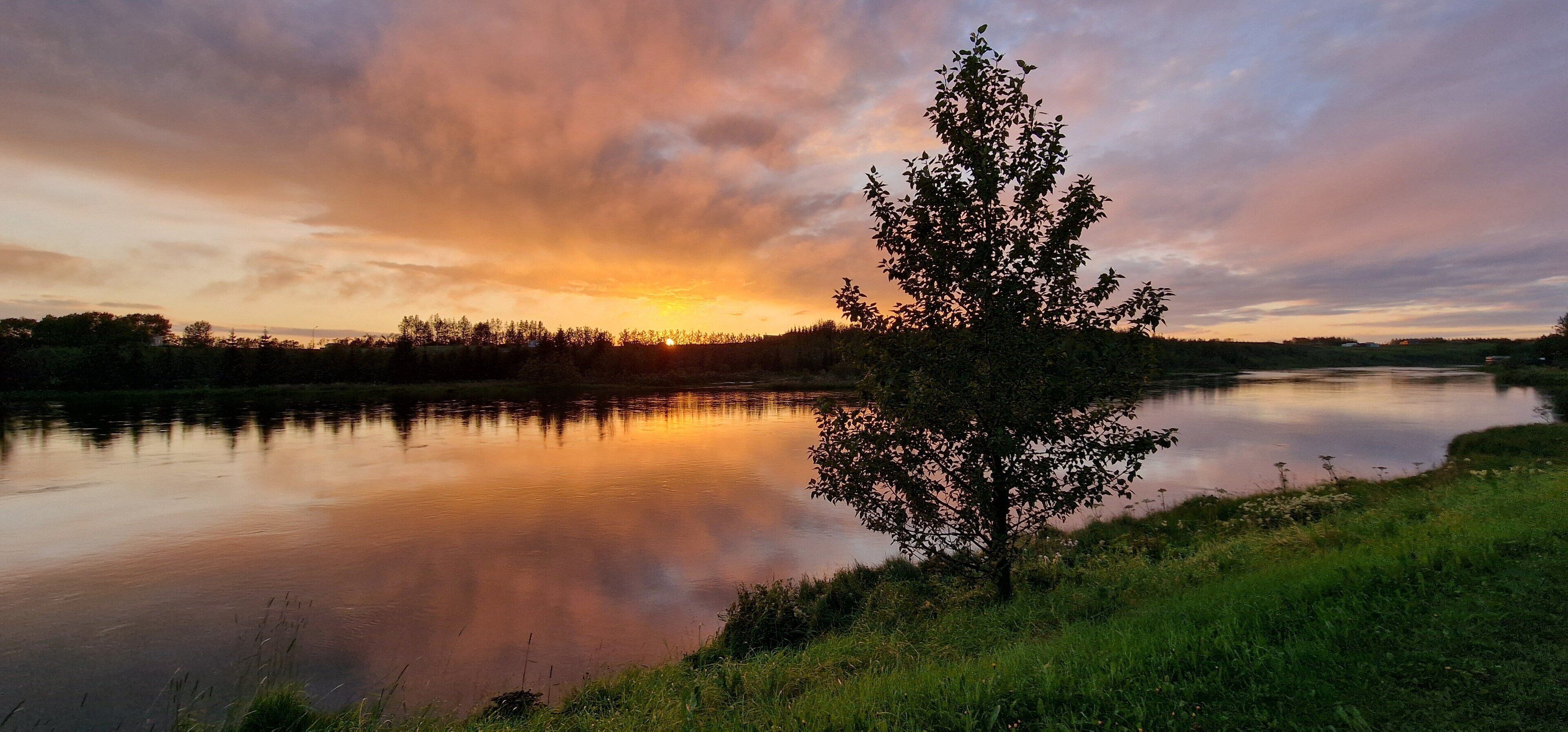 A serene landscape with a calm lake reflecting the sunset, surrounded by trees and grassy areas.