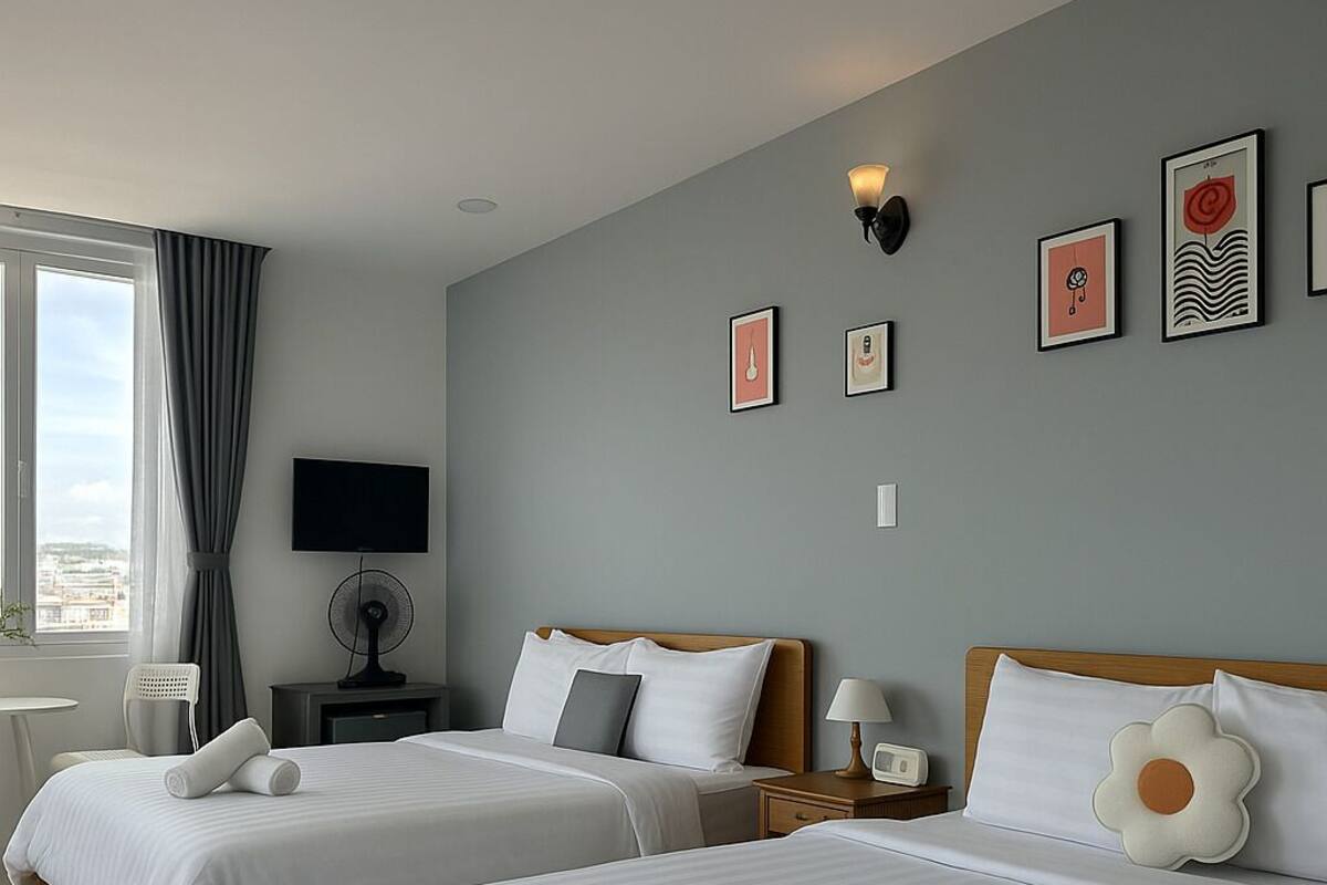 A hotel room with two beds, a TV, a fan, and artwork on the wall.