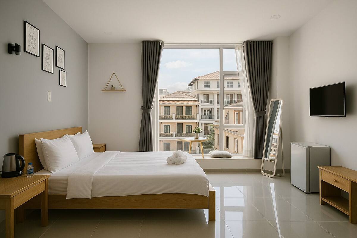 A modern hotel room with a large bed, a flat-screen TV, a compact refrigerator, and a view of buildings through the window.