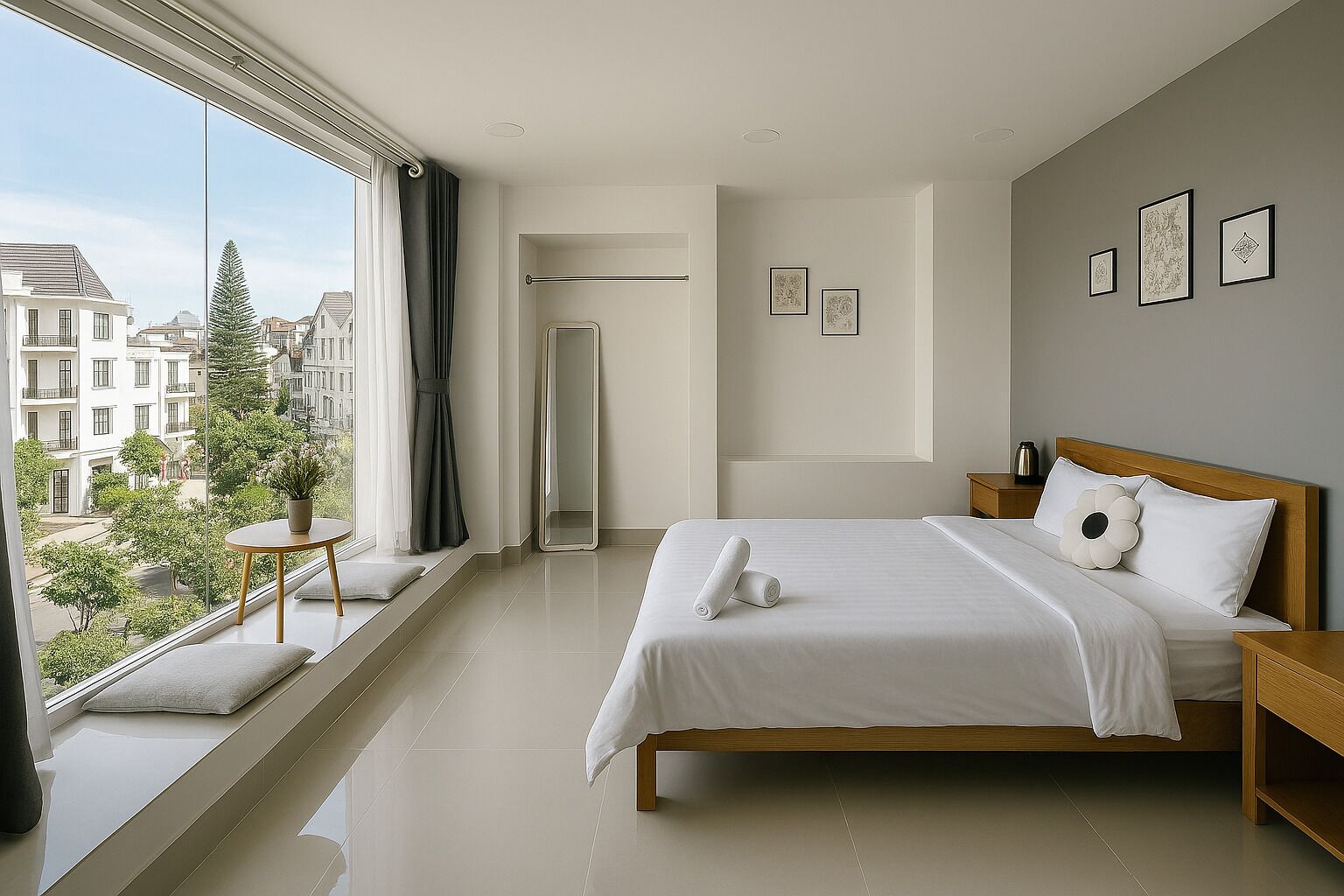 Ein modernes Schlafzimmer mit einem großen Bett, einem Nachttisch, einem Fenster mit Blick auf Gebäude und einem Spiegel.