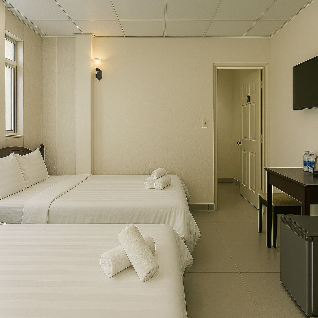 Een hotelkamer met twee bedden, een bureau, een televisie en een badkamers deur.