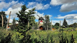 A traditional windmill surrounded by lush greenery and a clear blue sky.