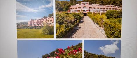 A pink building with multiple balconies, surrounded by greenery and a clear sky.