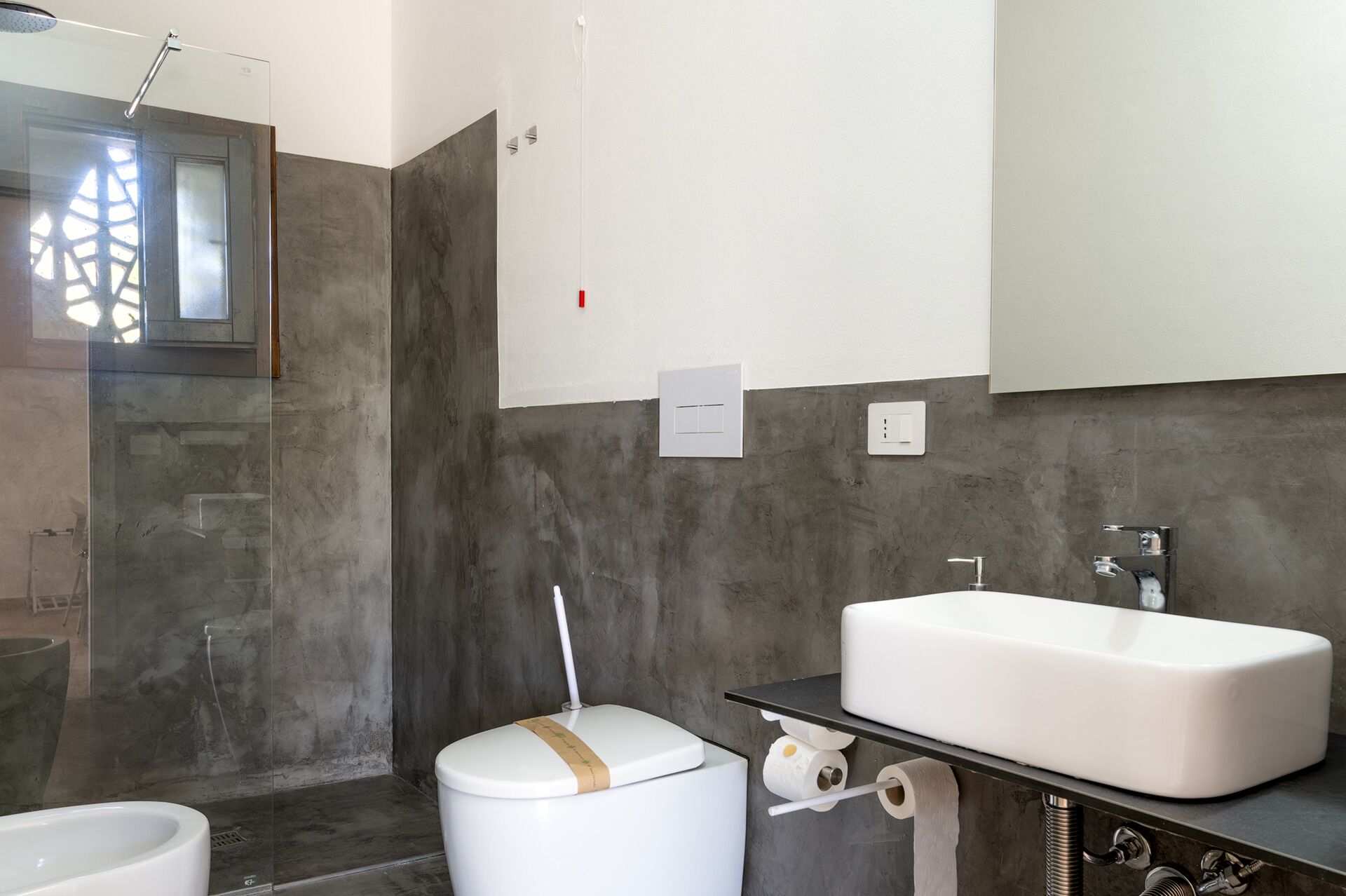 A modern bathroom with a large white sink, a toilet, and a shower area.